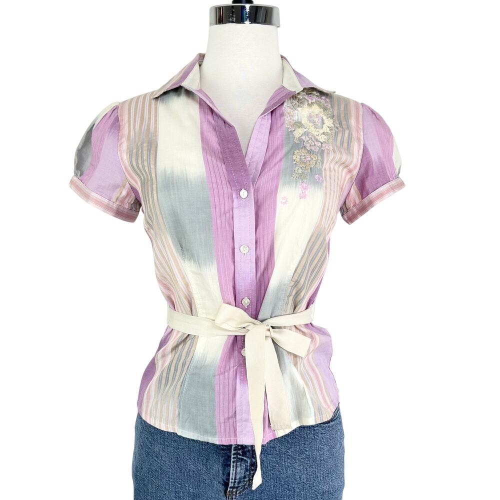 GAP Short Sleeve Button Down Blouse Womens XS Purple Ikat Stripe Embroidered